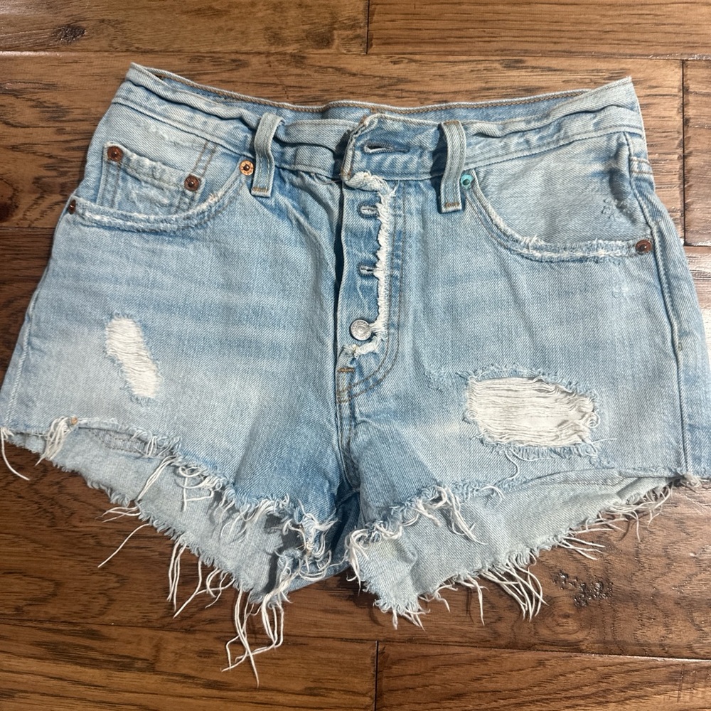 Distressed Light Blue Denim Shorts